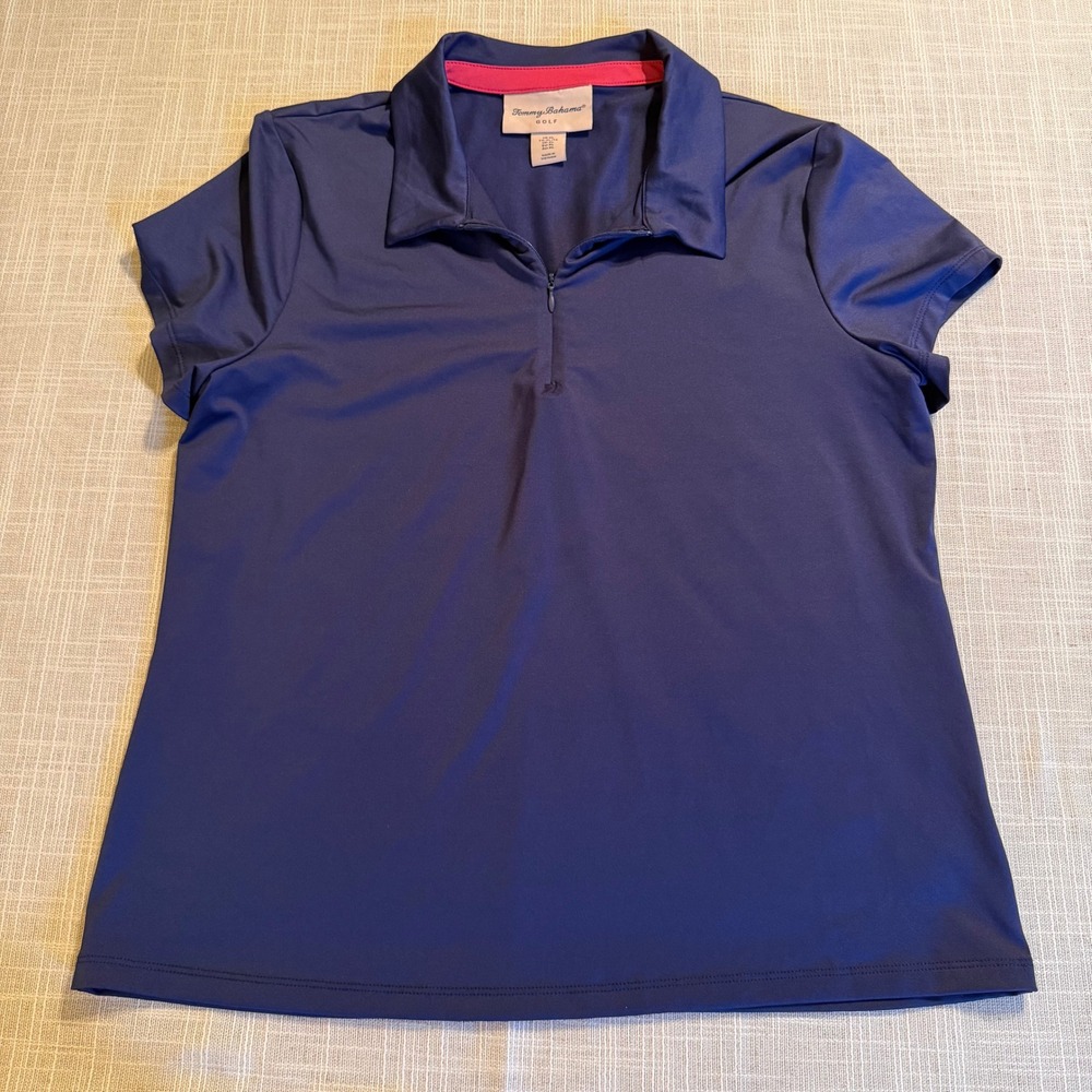 Tommy Bahama Golf Womens XL Navy Blue Pink Quarter Zip Short Sleeve Polo Shirt